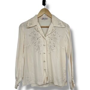 Vintage Hand Embroidered Blouse Womens Small (34)Pure Silk Tan Collared Delicate